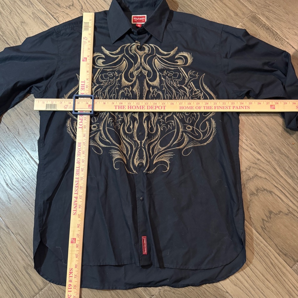 NWT VTG Tommy Hilfiger Red Label Men's L Black Gold Embroidered Button Up Shirt - Picture 8 of 12